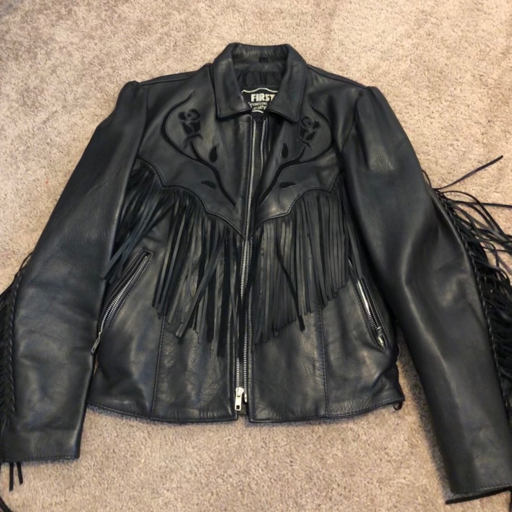 Vintage 100% leather fringe motorcycle jacket